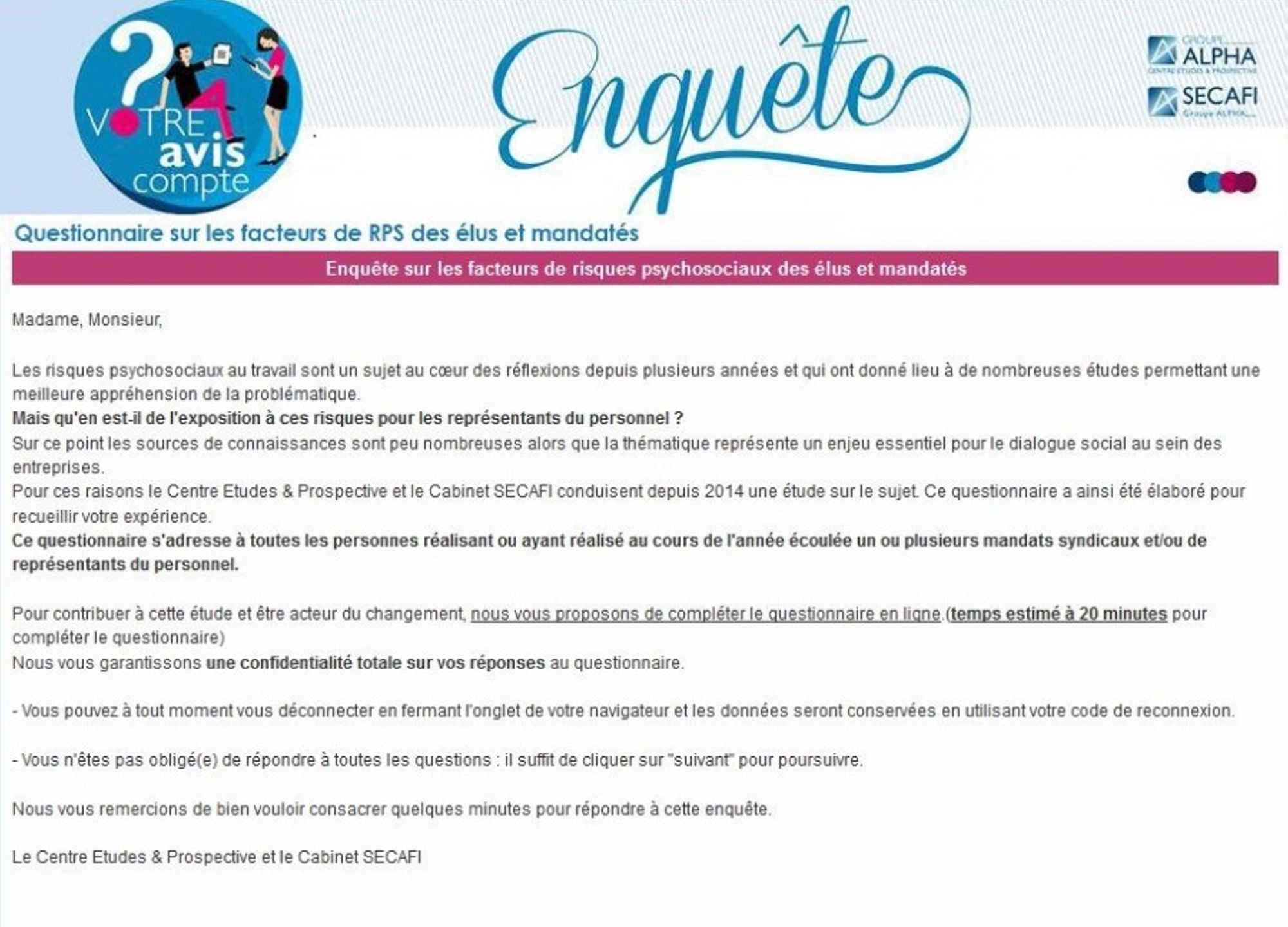 Participez à l'enquête sur les facteurs de risques psychosociaux des représentants du personnel